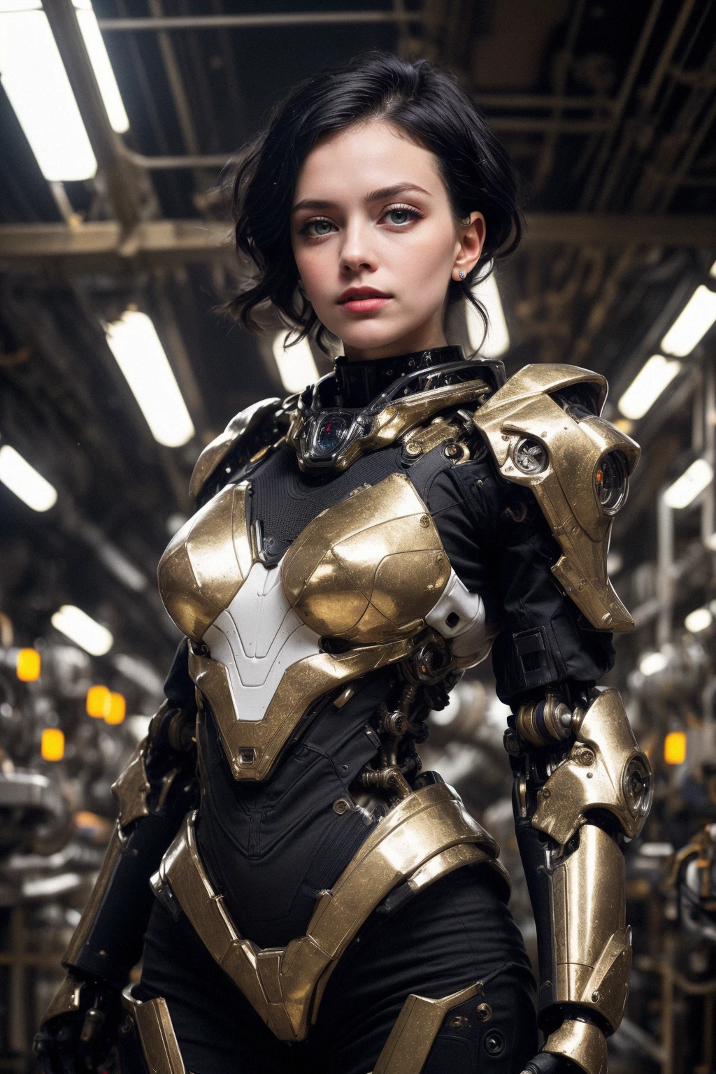 cgmech, beautiful eyes, upper body, underboob, portrait, robot,white orange armor, shimmering black hair, neon light, 8K, RAW, best quality, masterpiece, ultra high res, colorful, (medium wide shot), (dynamic perspective), sharp focus , (depth of field, bokeh:1.3), extremely detailed eyes and face, beautiful detailed eyes,large breasts,(black gold, trimmed gear:1.2),(In a futuristic weapons factory:1.2), ((masterpiece, best quality)), <lora:more_details:0.3> Detailed background, spaceship interior <lora:menpo_offset:0.2> <lora:Niji:0.6>