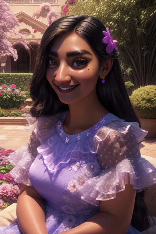 Isabela,long hair,black hair,brown eyes,mole under eye, thick eyebrows, eyelashes, purple hair flower, smile,
purple dress,jewelry,floral print,frills ,
morning, garden, large home,
(insanely detailed, beautiful detailed face, masterpiece, best quality) cinematic lighting, <lora:IsabelaMadrigal:0.8>