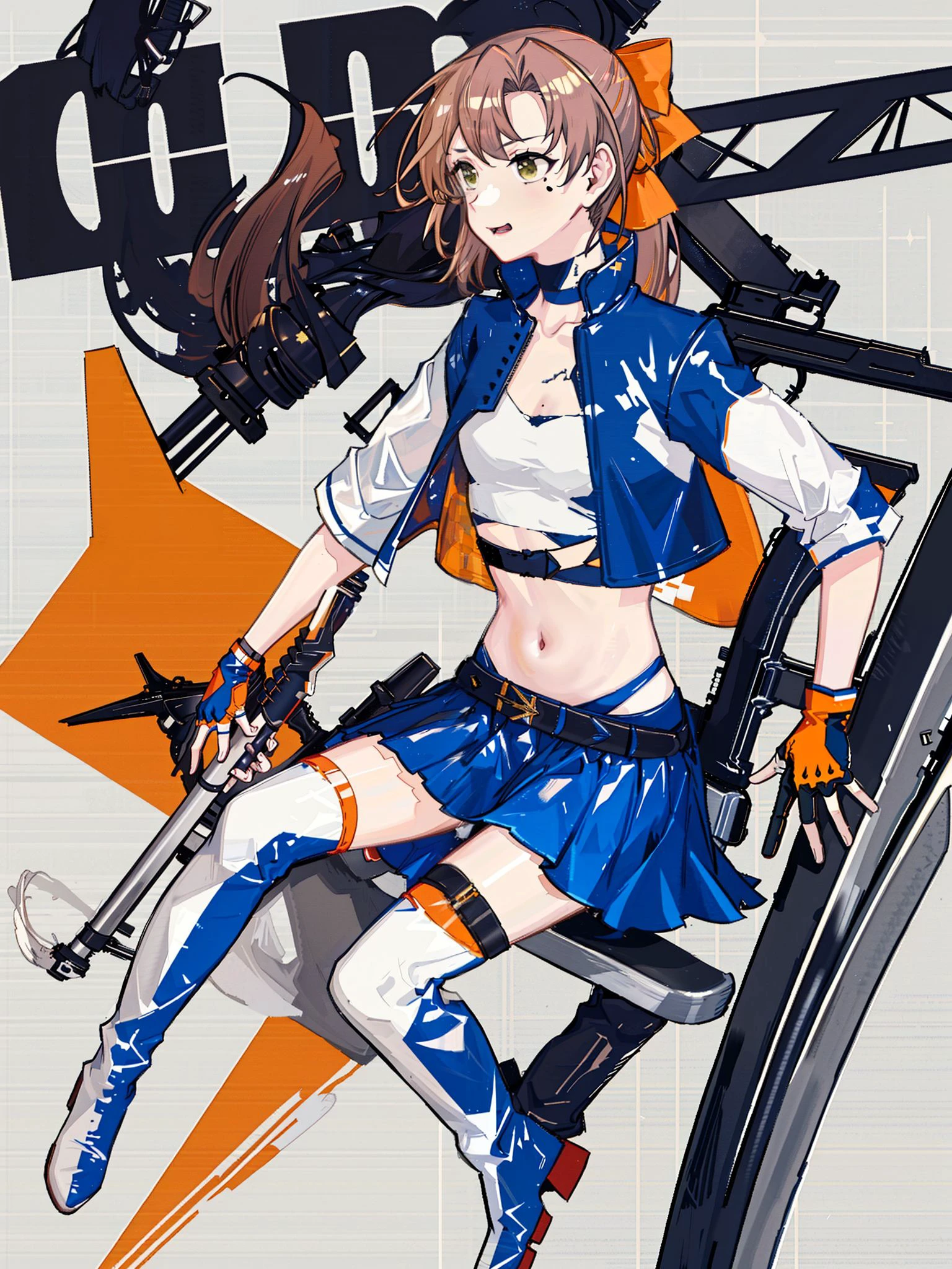 akigumorq \(kancolle\), 1girl, race queen, skirt, solo, ribbon, gloves, thigh boots, cropped jacket, thighhighs, jacket, boots, fingerless gloves, blue skirt, sitting, mole under eye, full body, black gloves, belt, pleated skirt, navel, blue jacket, holding, partially fingerless gloves, midriff, alternate costume, mole, simple background, miniskirt, white background, checkered background, crop top, invisible chair, thigh strap, original, intricate detail, illustration, masterpiece, extremely detailed CG unity 8k wallpaper, highlight, sharpening, dynamic,