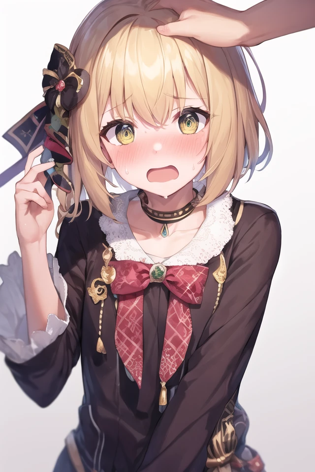 1girl, solo, masterpiece, best quality, unity 8k wallpaper, illustration, ultra-detailed, <lora:guruguru_v2-000010:0.9>, guruguru, surprised, sweat, hand on another's head, 1boy