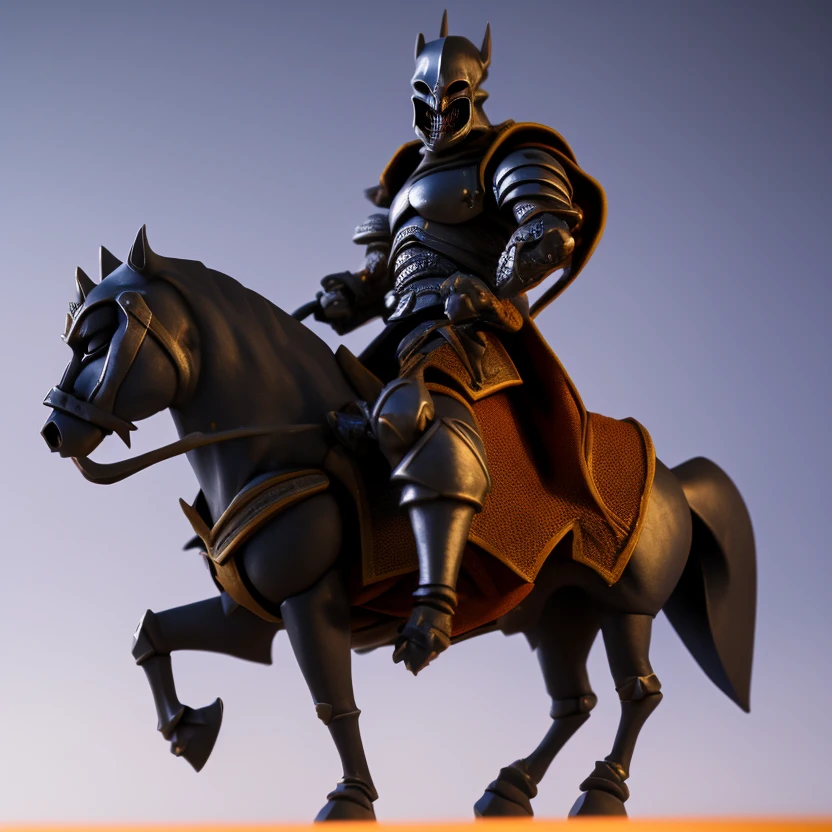 evang, an alien skull face medieval knight action figure riding a horse, castle in the background, extremely detailed, natural lighting, film grain