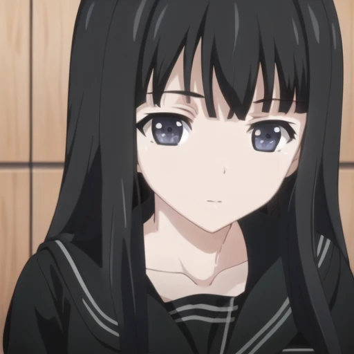 (masterpiece, best quality:1.2),illustration,8k,hd,1girl,solo,cowboy shot,upper body,(portrait:1.2),long_hair,black_hair,school_uniform,collarbone,blunt_bangs,black_eyes,black_serafuku,black_skirt,long_sleeves,pantyhose,pleated_skirt,neckerchief,hime_cut,<lora:hakuya:1>,