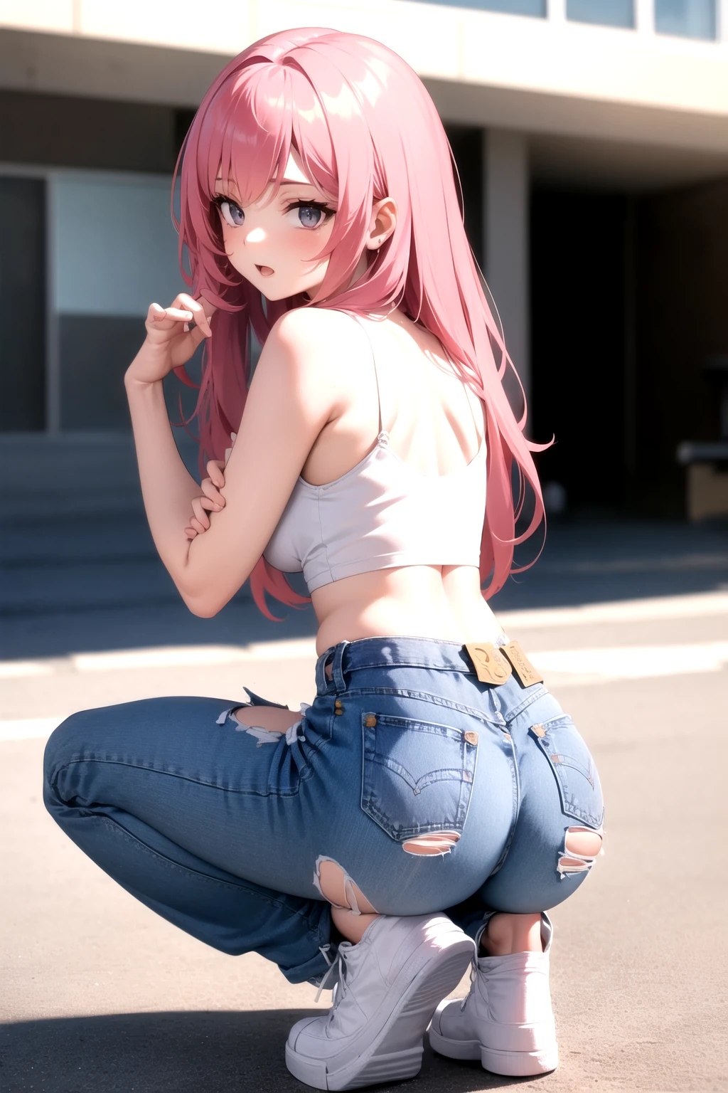 <lora:baggy_jeans_v0.9:1>
1girl, jeans, full body, crop top, pink hair, squatting, torn jeans, white sneakers, white camisole, looking back,, masterpiece, best quality, highly detailed