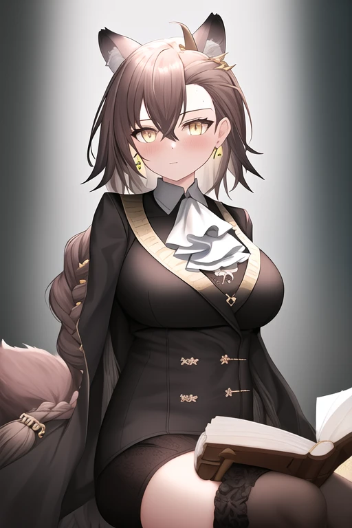 masterpiece, best quality, highres, solo, {penance_arknights:1.10}, animal_ears, wolf_ears, extra_ears, long_hair, wolf_girl, brown_hair, yellow_eyes, breasts, ascot, white_ascot, tail, wolf_tail, bangs, hair_between_eyes, jewelry, large_breasts, very_long_hair, 1girl, book, closed_mouth, coat, holding, holding_book, black_coat, long_sleeves, open_book, upper_body, black_jacket, looking_at_viewer, black_nails, braid, jacket, ring, simple_background, white_shirt