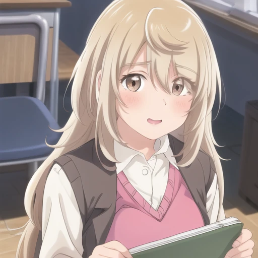(masterpiece, best quality:1.2),illustration,8k,hd,1girl,upper body,(portrait:1.2),long_hair,blush,smile,bangs,blonde_hair,collared_shirt,hair_between_eyes,brown_eyes,school_uniform,white_shirt,sweater_vest,pink_vest,black_socks,shoes,pleated_skirt,plaid_skirt,grey_skirt,<lora:Ookami Hinako-V1:0.9>,