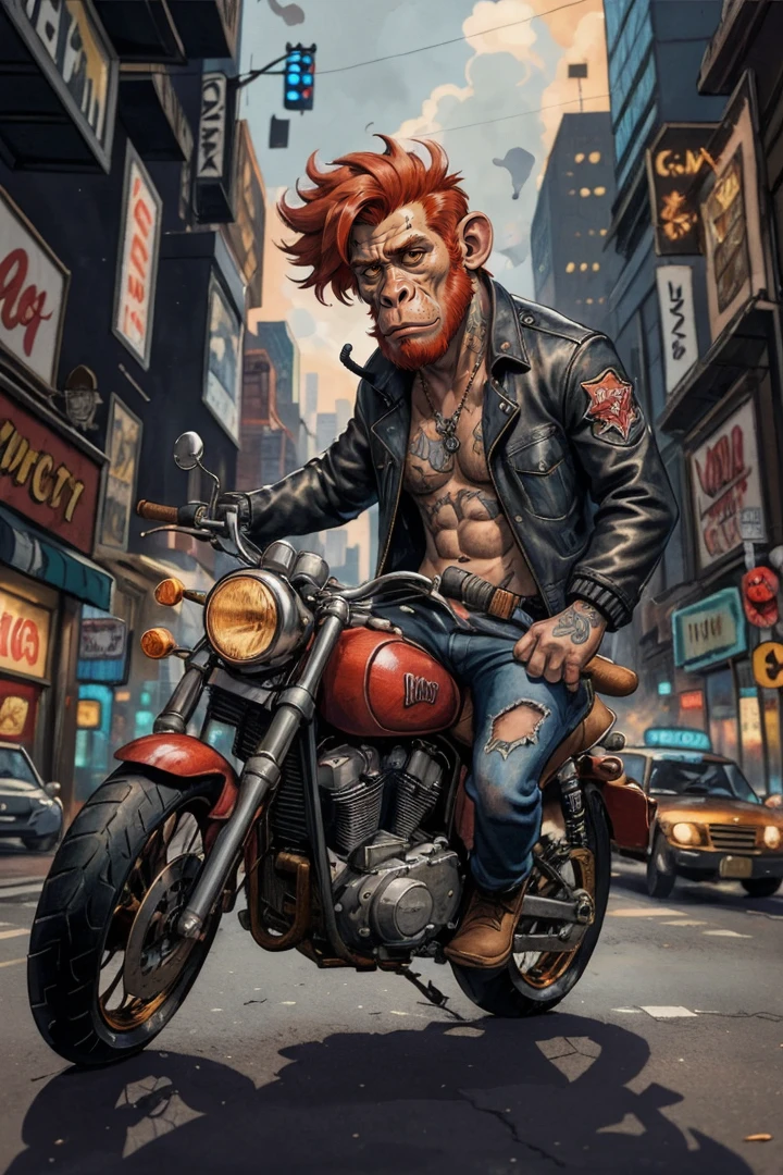 masterpiece, best quality, (Animal anthropomorphism), gangster theme, monkey, jacket,red hair. riding a motorcycle in dim lighting, tattoos, machine gun, smoke, shadows, corrupt cityscape