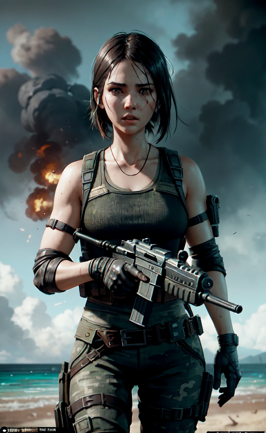 PUBG Mobile, special forces woman, beach, deviantart hd, artstation hd, concept art, detailed face and body, award-winning photography, margins, detailed face, Atey Ghailan, Jeremy Mann, Greg Manchess, Alex Gray, intricate, high detail, sharp focus, dramatic, award winning matte drawing cinematic lighting octane render, unreal engine,