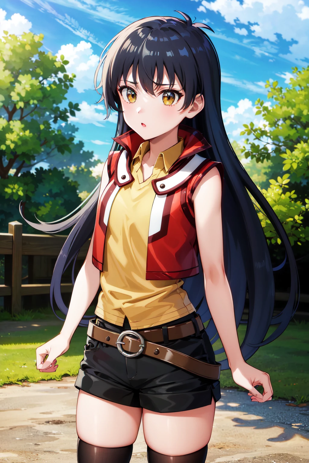masterpiece, best quality, highres, hmrei, long hair, red jacket, collared shirt, yellow shirt, sleeveless, belt, black shorts, black thighhighs, <lora:saotome_rei_v1:0.7>, cowboy shot, standing, outdoors, arms at sides, straight-on,