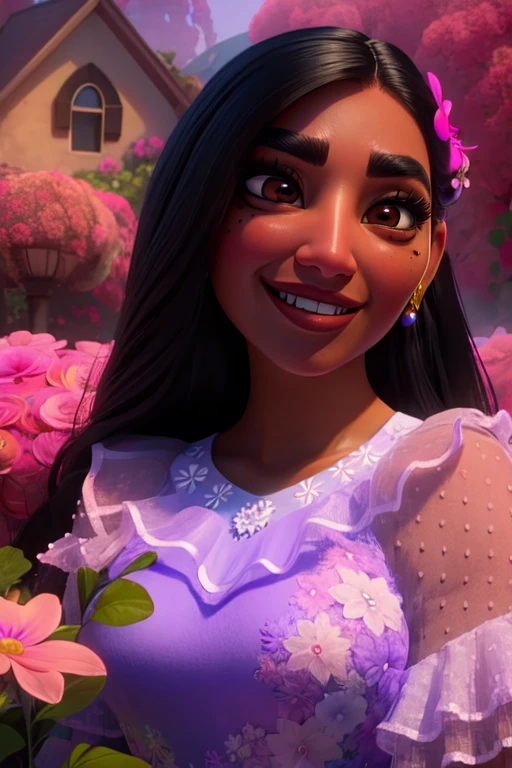 Isabela,long hair,black hair,brown eyes,mole under eye,thick eyebrows,eyelashes,purple air flower, smile,
purple dress,jewelry,floral print,frills ,
morning, garden,
(insanely detailed, beautiful detailed face, masterpiece, best quality) cinematic lighting, <lora:IsabelaMadrigal:0.8>