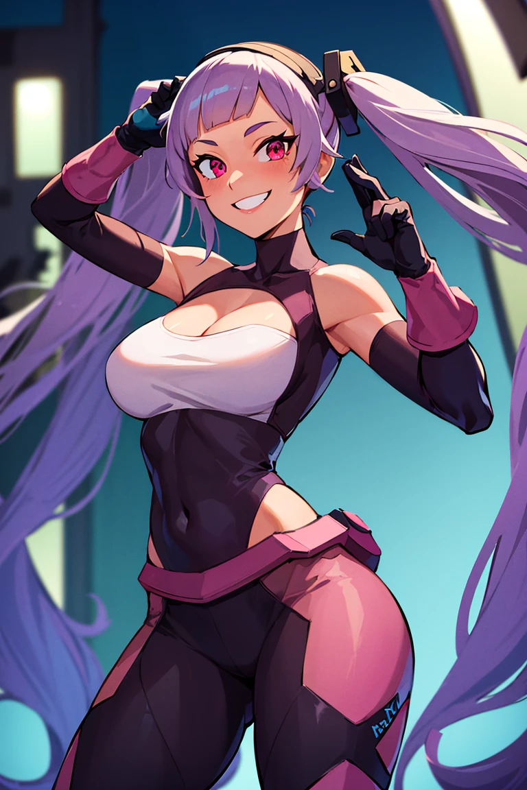 ((masterpiece,best quality)), absurdres, <lora:Entrapta_Shera:0.6>, Entrapta_Shera, solo, twintails, smiling, looking at viewer, cowboy shot, cinematic composition, dynamic pose