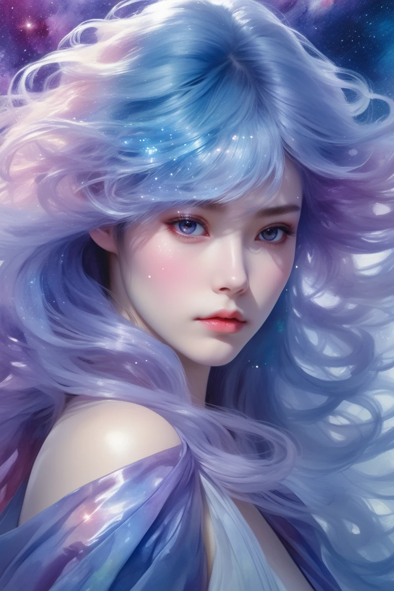 watercolor painting masterpiece,best quality, ultra realistic,32k,RAW photo,detail skin, 8k uhd, dslr,high quality, film grain,\nFringe hair . vibrant, beautiful, painterly, detailed, textural, artistic, galaxy, monster a, digital art from artstation by artgerm and yoshitaka amano and ruan jia