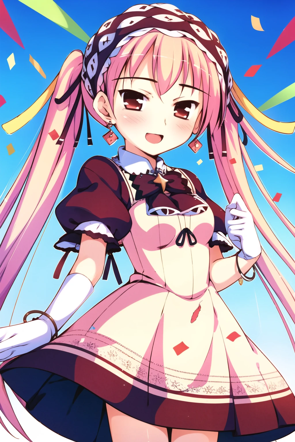 ((masterpiece, high quality, best quality)),
1girl, long hair, looking at viewer, blush, smile, open mouth, red eyes, white gloves, dress, bow, ribbon, twintails, jewelry, pink hair, :d, red hair, hairband, earrings, bracelet, headdress, confetti, 
<lora:kocha-style_v1.0:1.0>