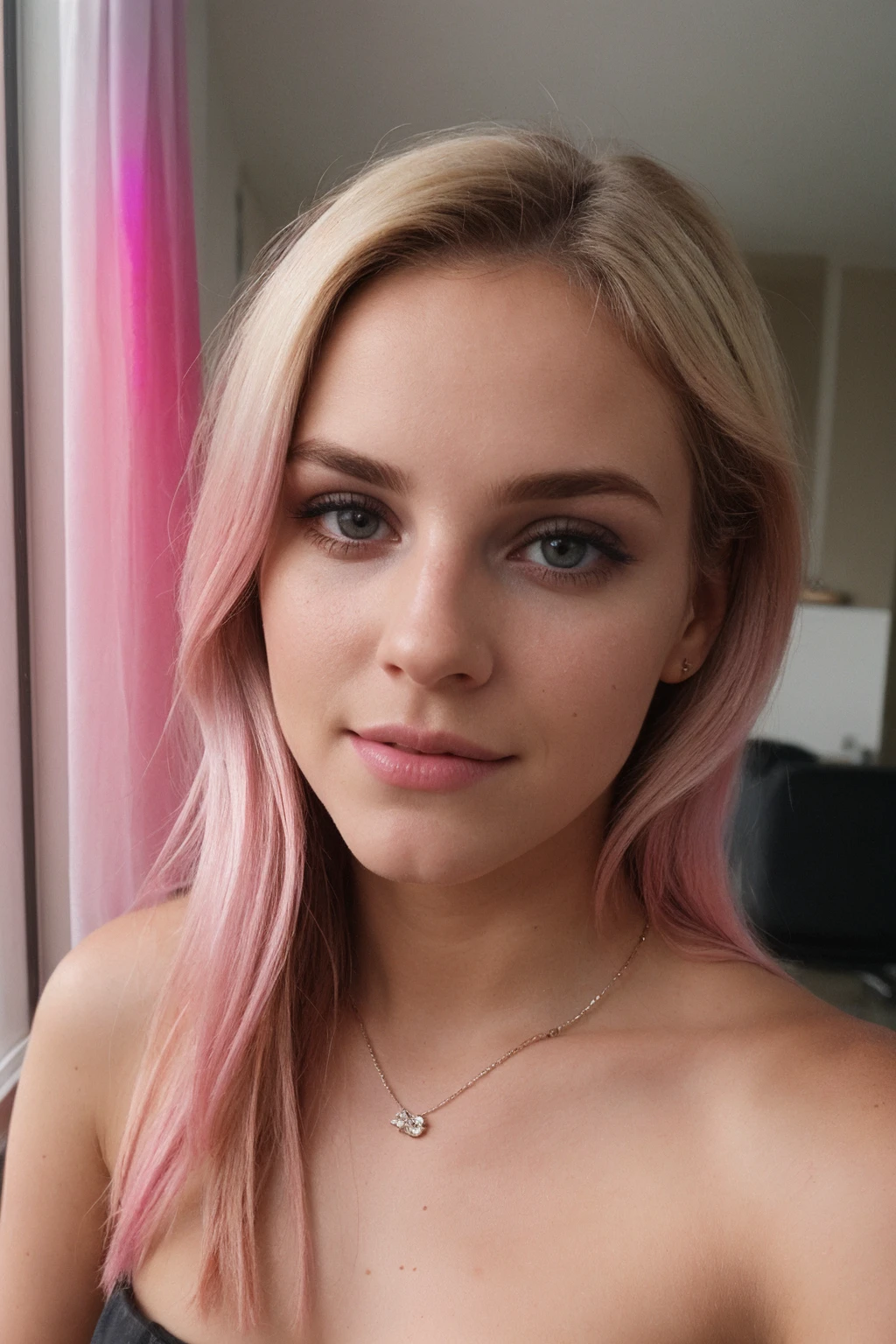 taken with iphone camera BREAK medium shot selfie of a pretty young woman BREAK (ombre:1.3) blonde pink BREAK film grain, medium quality
