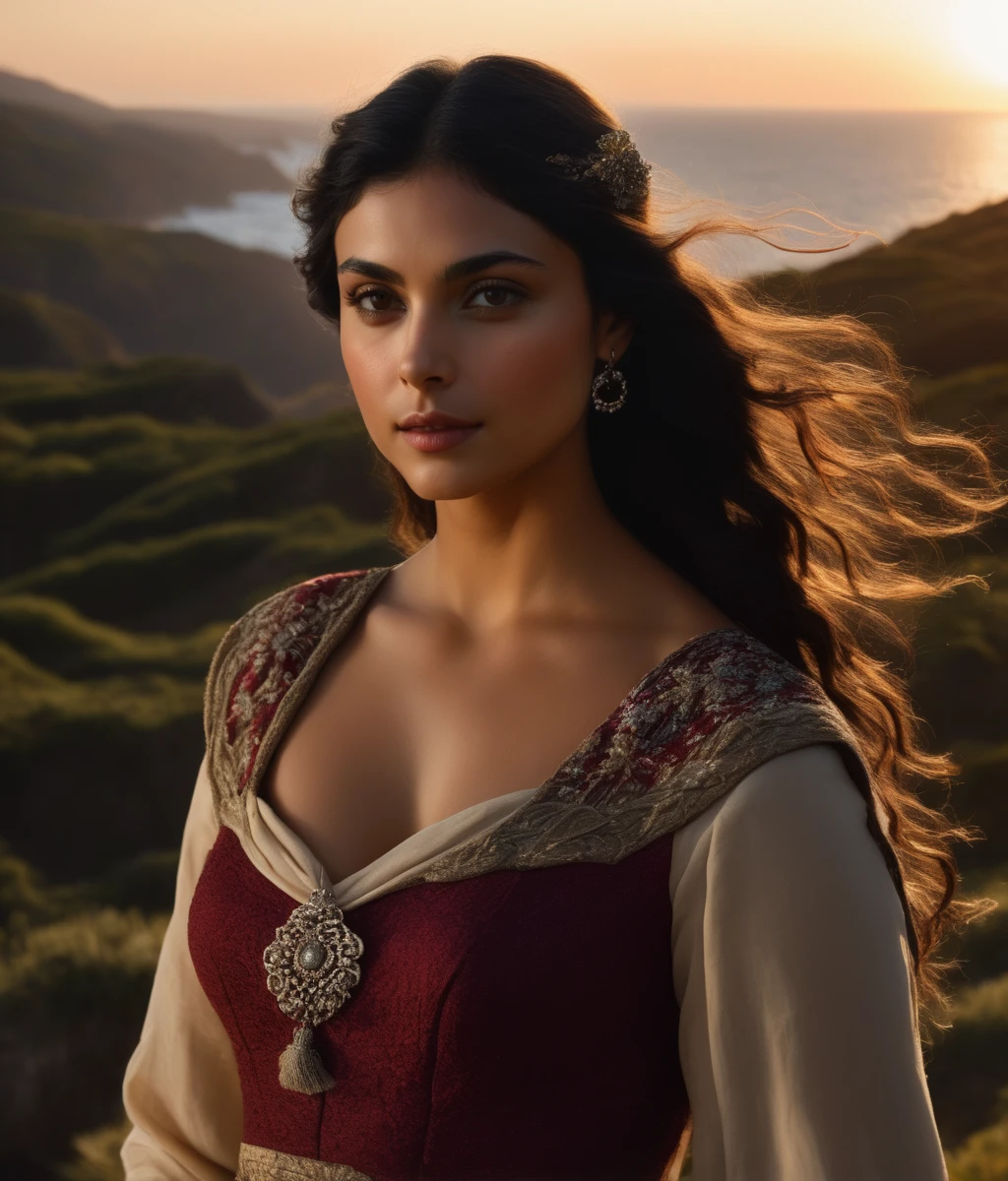 morena_baccarin, <lora:MorenaBaccarinXL:1>, long hair, hair ornament,floral full dress, scarf, ((dusk)),sunset glow,standing on the ((headland)),extremely beautiful (red sun),some seabirds flying in the beautiful sky,a few thin clouds in the sky,cowboy shot, (masterpiece, best quality, ultra-detailed, best shadow), high contrast, (best illumination), ((cinematic light)), colorful, hyper detail, dramatic light, intricate details, (1 girl, solo) , ultra detailed artistic photography, dreamy, backlit, shadows, ultra high definition, 8k, ultra sharp focus, ultra high quality model, soft lighting, film photography, analogue photography, hyperrealism,, , ((sharp face, detailed face, realistic face, naturtal skin, realistic skin, detailed skin, pores, sharp eyes, detailed eyes,realistic eyes)),