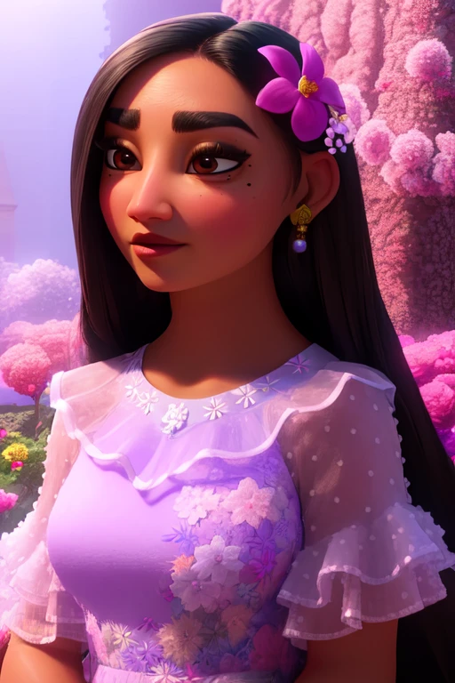 Isabela,long hair,black hair,brown eyes,mole under eye,thick eyebrows,eyelashes,purple air flower,
purple dress,jewelry,floral print,frills ,
  morning,  garden,
 (insanely detailed, beautiful detailed face, masterpiece, best quality) cinematic lighting,  <lora:IsabelaMadrigal:0.8>