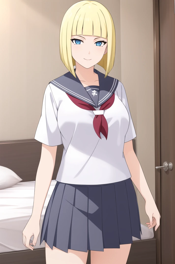 (masterpiece), high quality, (detailed background), 1girl, solo,
<lora:NarutoSamui-v3-06:0.5>, ChopioSamui, blonde hair, short hair, bob cut, blunt bangs, blue eyes, looking at viewer,
medium breasts, mature female, wide hips,
bedroom, bed, standing, smile, (serafuku, sailor school uniform:1.3), school uniform, white shirt, blue collar, red scarf, (navy blue pleated skirt), seductive pose, <lora:Serafuku:0.45>,