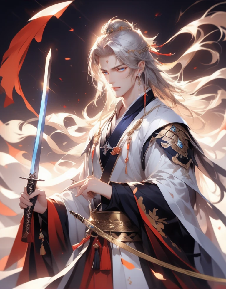 1boy, anime, blue eyes, chinese clothes, earrings, hair ornament, hanfu, holding, holding sword, holding weapon, jewelry, long hair, long sleeves, male focus, necklace, solo, sword, tassel, upper body, weapon, white hair