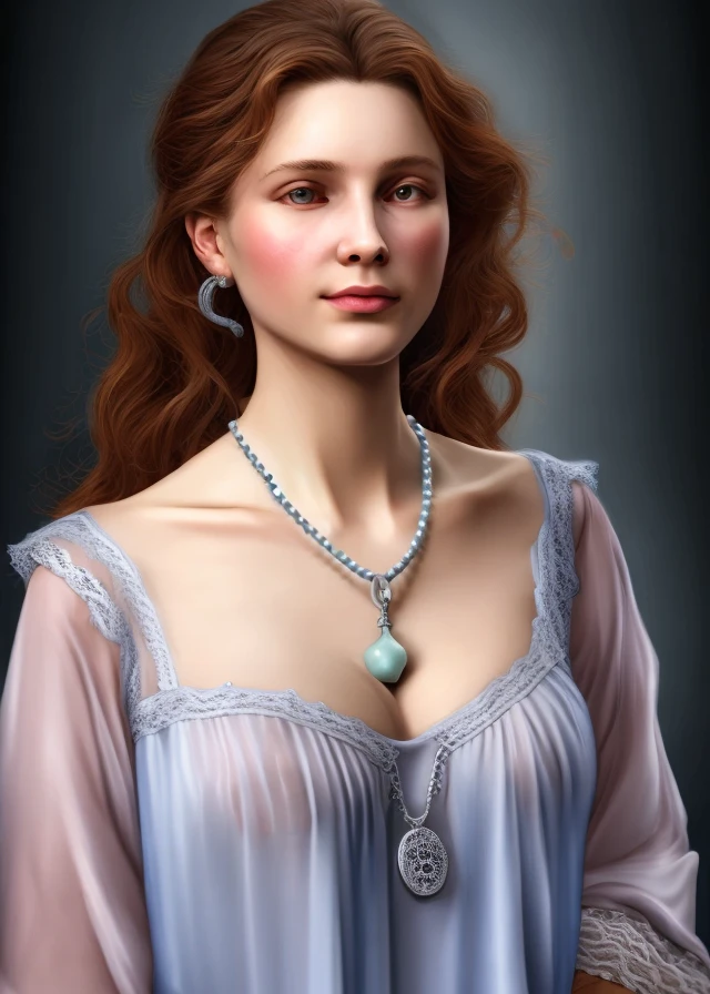 ultra realistic digital painting, a Studio Fashion Portrait of Model, Necklace with Cherry Quartz decor, wearing lace-trimmed sheer nightgown colored Misty Blue, Harmony view, Silver strokes, Chiaroscuro, UHD. nipple pokies