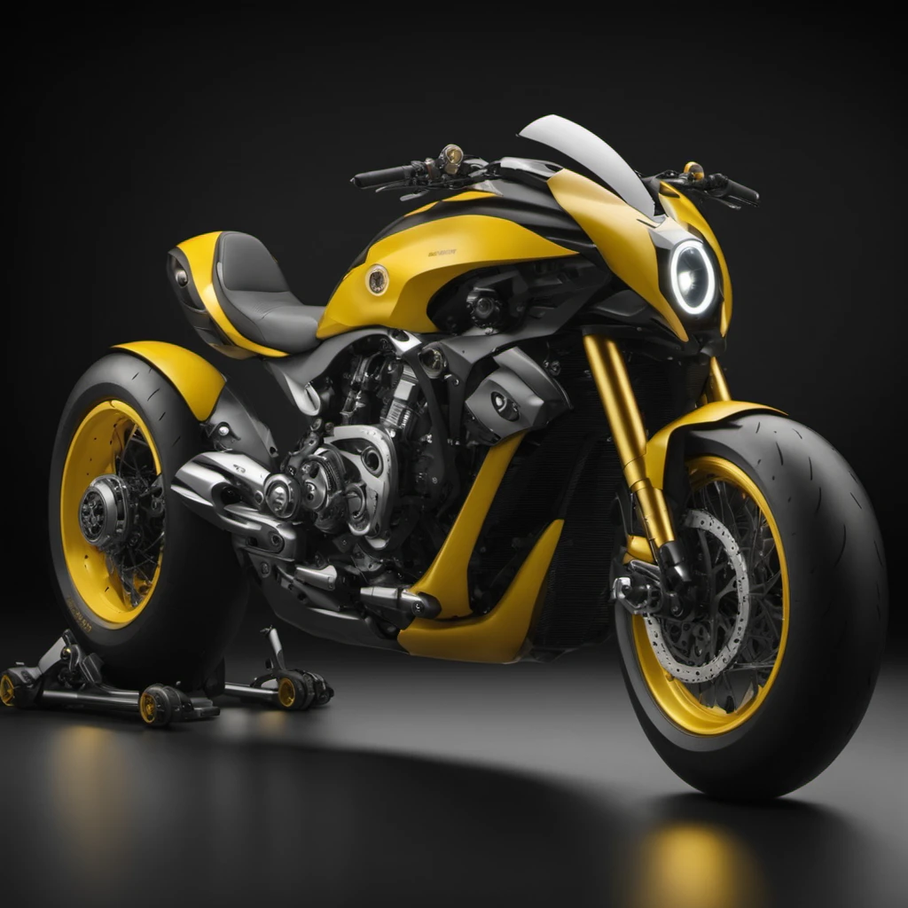 cinematic photo bike, concept futuristic design , platinum metal chrome combinations, yellow and blackcolor paint,  <lora:BikeMaker-SDXL:1.3>,  design pattern  deep  tire tread on tires,side view, dark studio . 35mm photograph, film, bokeh, professional, 4k, highly detailed