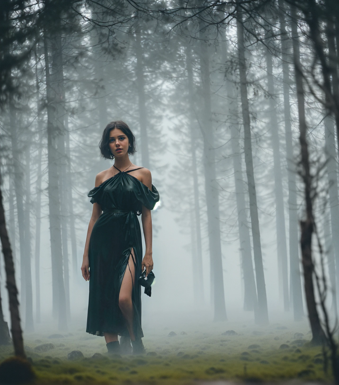 (photorealistic picture, RAW photo:1.2) of a (beautiful Slavic 21yo girl with natural skin texture and perfect body anatomy:1.15) wearing white ghostly open shoulder dress, (small black slimes in the moss on the ground, black thin protruding sprouts:1.125), (dry blood splashes:1.075), bloody dress, (soaked in blood:0.875), [holding a bloody doll, creepy toy doll], early morning, Surrealism, Dreamy dim colors. Minimalism, emptiness, spaciousness, Dark theme, dark shot, creepy lighting from below, (Svema analog film grain:1.075), horror photography, (turbulent fog, misty and foggy atmosphere:1.075), full body, (smooth swirly bokeh, depth of field f1.4, shot on Helios 44-2 vintage lens:1.125)