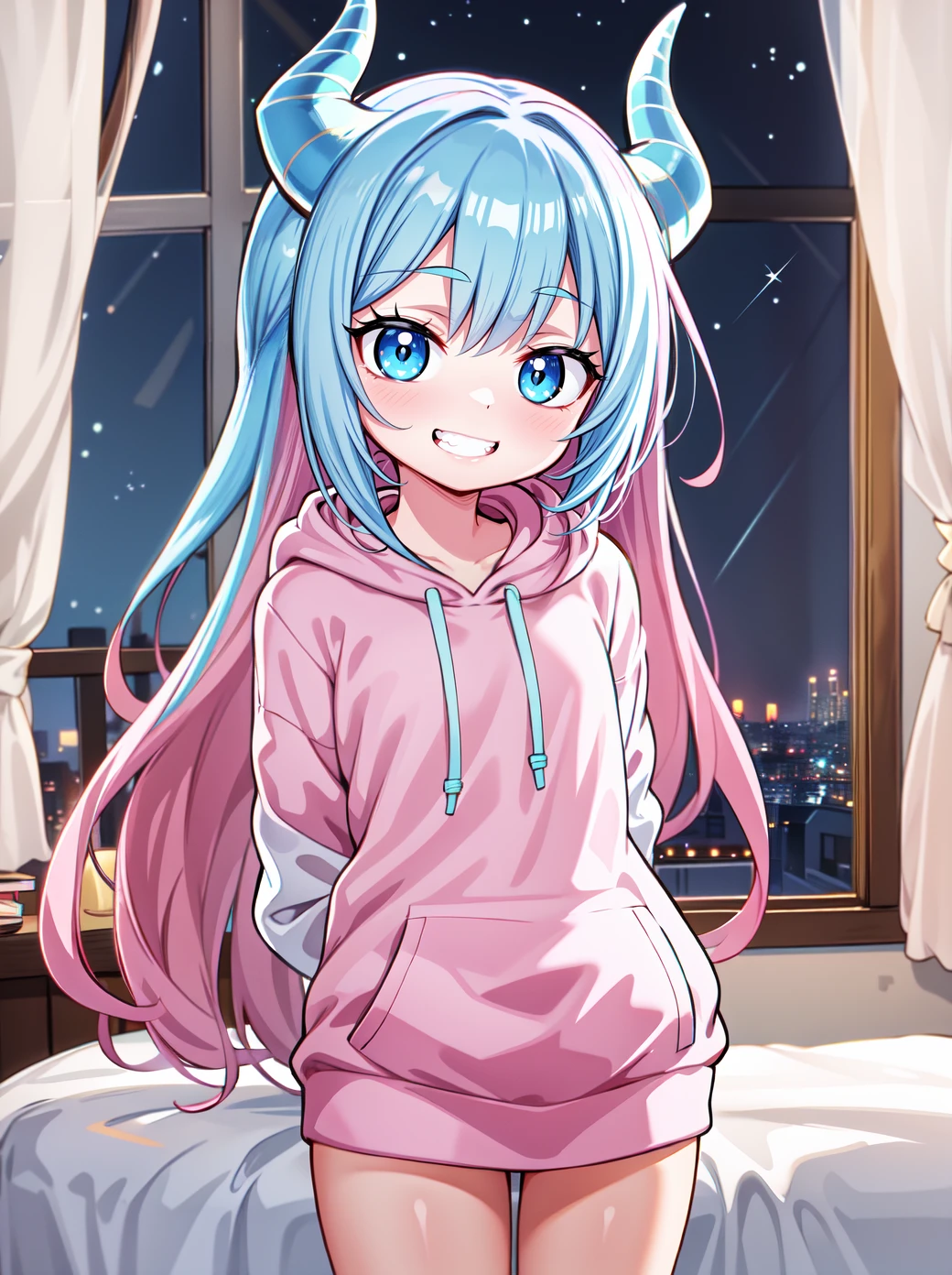 (perfect-picture:1.1),cute, petite, 1girl,  hoodie, pink hair, cyan eyes, cyan horns, happy, standing, bedroom, indoors, window, night, arms behind back, smile