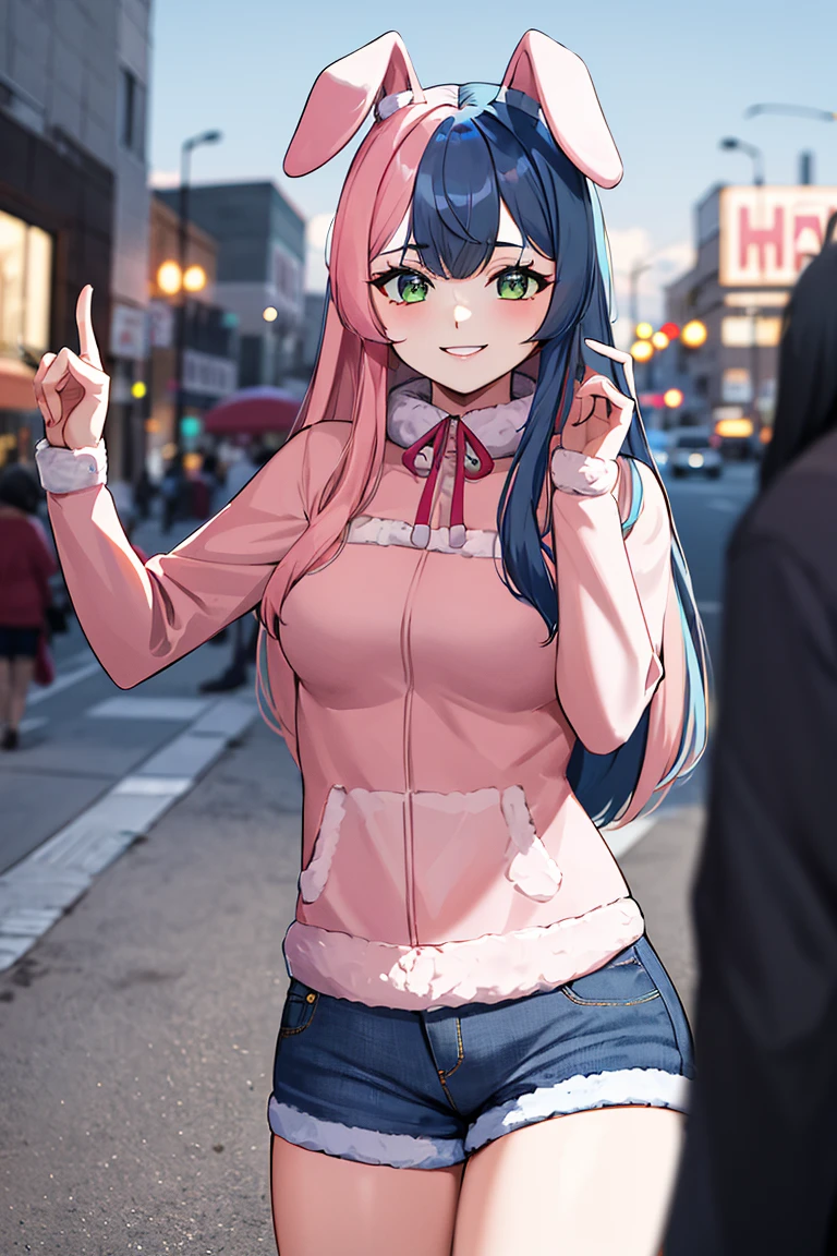 ((masterpiece,best quality)), absurdres, <lora:Punkalopi:0.8>, Punkalopi, solo, split-color hair, demin jeans, smiling, looking at viewer, cowboy shot, modern city, cinematic composition, dynamic pose