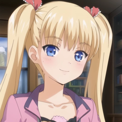 (masterpiece, best quality:1.2),illustration,8k,hd,1girl,solo,upper body,(portrait:1.2),long_hair,blush,smile,blue_eyes,blonde_hair,ribbon,twintails,hair_ribbon,ahoge,collarbone,very_long_hair,long_sleeves,pink jacket,camisole,denim_shorts,red_belt,striped_thighhighs,medium_breasts,<lora:Akitsuki Airi-V1:0.9>,