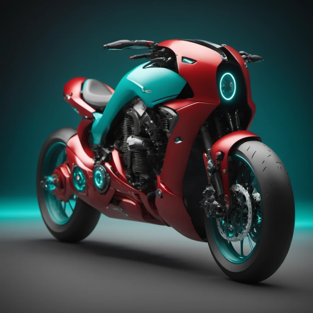 cinematic photo bike, concept futuristic design , red and teal color paint sty;e,  <lora:BikeMaker-SDXL:1.3>,  side view, dark studio . 35mm photograph, film, bokeh, professional, 4k, highly detailed