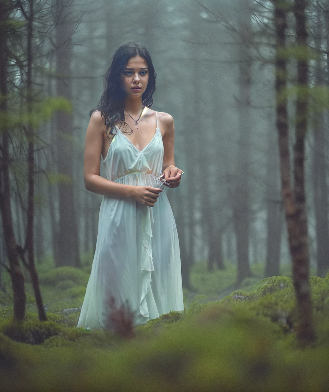 (photorealistic picture, RAW photo:1.2) of a (beautiful Slavic 21yo girl with natural skin texture and perfect body anatomy:1.15) wearing white ghostly open shoulder dress, (small black slimes in the moss on the ground, black thin protruding sprouts:1.125), (dry blood splashes:1.075), bloody dress, (soaked in blood:0.875), [holding a bloody doll, creepy toy doll], early morning, Surrealism, Dreamy dim colors. Minimalism, emptiness, spaciousness, Dark theme, dark shot, creepy lighting from below, (Svema analog film grain:1.075), horror photography, (turbulent fog, misty and foggy atmosphere:1.075), full body, (smooth swirly bokeh, depth of field f1.4, shot on Helios 44-2 vintage lens:1.125)