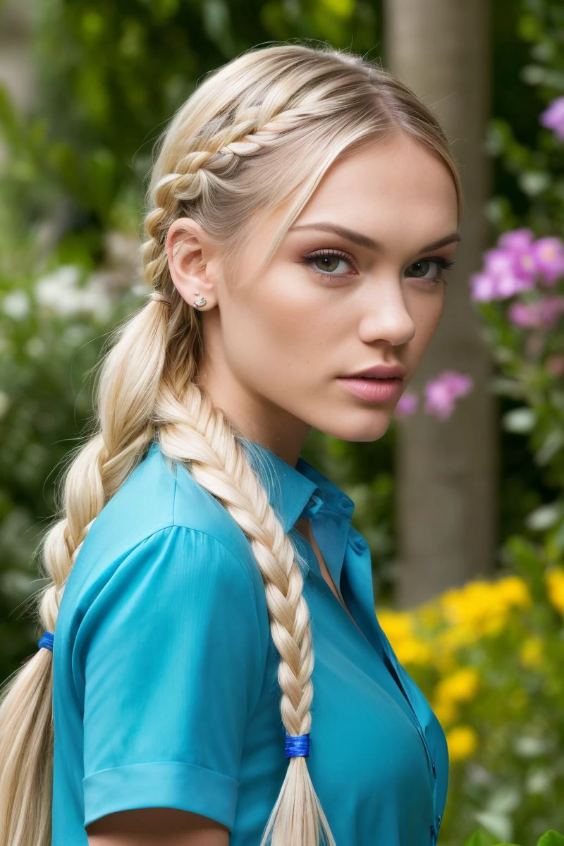photo of S010_AlexGrey_v2, a gorgeous woman, in a (garden:1.2), wearing a (vibrant-shirt:1.2), (braids), (8k, RAW photo, best quality, depth of field, ultra high res:1.2), (absurdres, intricate, photorealistic, masterpiece, ultra-detailed:1.3)