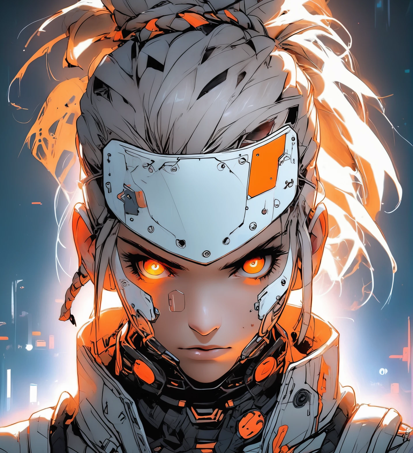 1girl, solo, glowing, looking at viewer, cyborg, glowing eyes, cyberpunk, braid, jacket, portrait, forehead, bandaid on face, backlighting, orange eyes, white hair, artificial eye, ponytail, science fiction, bandaid, mechanical eye