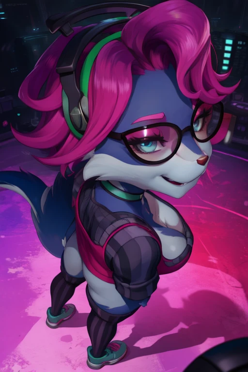Pepper,furry,,animal ears,purple hair,tail on upper buttocks, short hair,blue eyes,animal nose,makeup,body fur, pink fingernails,
PepGear,fingerless gloves,shoes,choker,short sleeves,shirt,headphones,short shorts,cleavage,collarbone,striped thighhighs,
standing, smile, solo, black-framed eyewear, from above,
upper body,
nightclub,
(insanely detailed, beautiful detailed face, masterpiece, best quality), <lora:Pepper:0.8>
