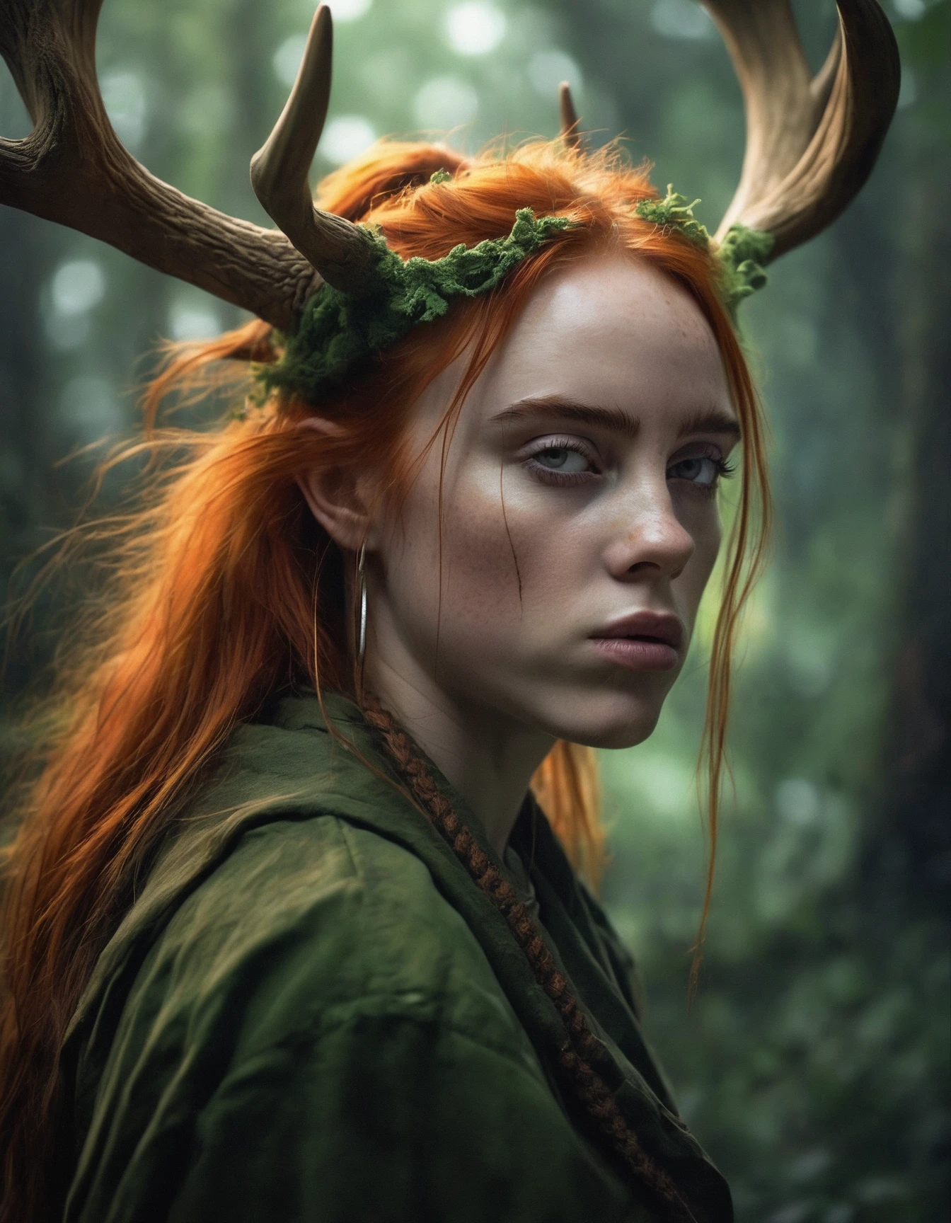 (ohwx woman) <lora:Billie_lora_sdxl_v4-000008:1> as a druid, perfect face, thin antlers, green halter top, ginger hair, abs, cinematic, freckles, stunning, athletic, strong, agile, highly detailed, psychedelic, digital painting, artstation, smooth, hard focus, illustration, art by jessica rossier and and brian froud