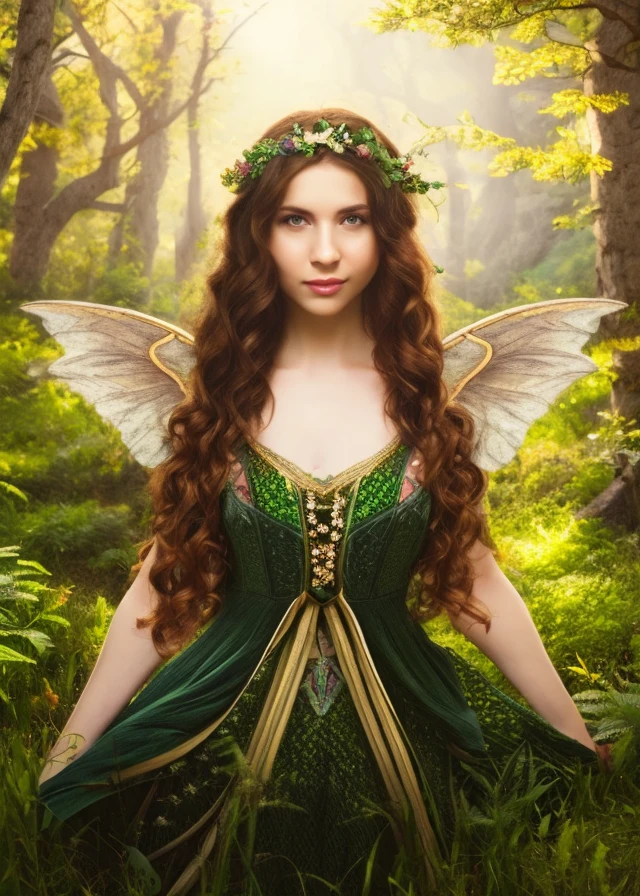 ultra realistic fantasy photo of a fairy with beautiful green eyes wearing a filigran embroidered dress, front view, in a clearing in the forest. character art, intricate details, 8k
