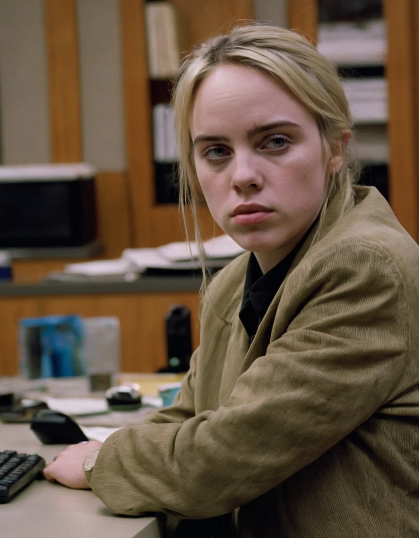 analog style, a movie still of gorgeous (ohwx woman) <lora:Billie_lora_sdxl_v4-000008:1> in the Tv series The Office, (makeup:0.6), office background, ((high detailed skin, skin details)), sharp focus, volumetric light, hd, high quality, film grain, Sony F900