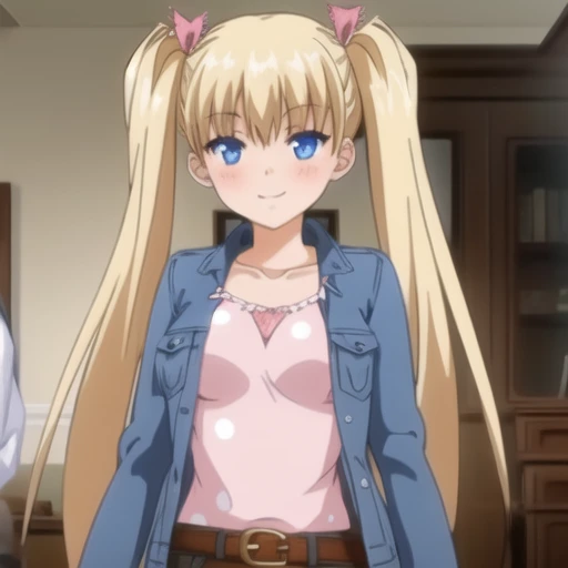 (masterpiece, best quality:1.2),illustration,8k,hd,1girl,solo,long_hair,blush,smile,blue_eyes,blonde_hair,ribbon,twintails,hair_ribbon,ahoge,collarbone,very_long_hair,long_sleeves,pink jacket,polka_dot,camisole,denim_shorts,red_belt,striped_thighhighs,medium_breasts,<lora:Akitsuki Airi-V1:0.9>,