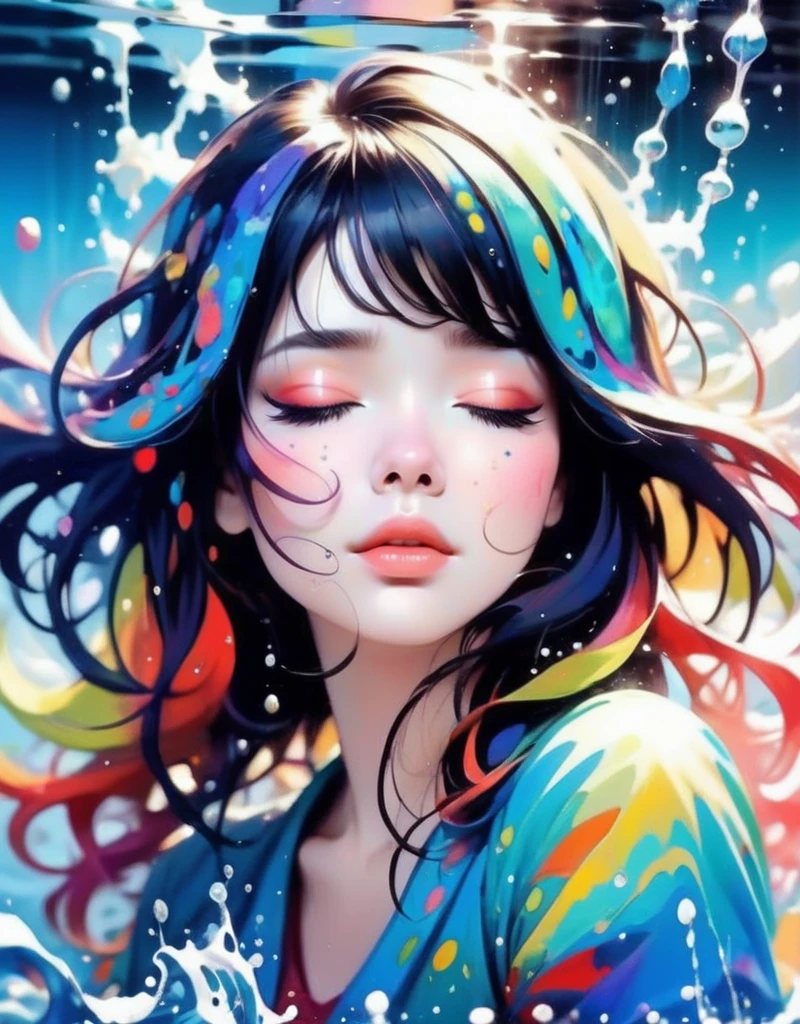 1girl, abstract, artist name, bangs, black hair, blush, closed eyes, eyelashes, fantasy, hair ornament, lips, long hair, multicolored hair, mysterious, nose, parted lips, psychedelic, red lips, shirt, solo, splashing, upper body, water, watermark, web address