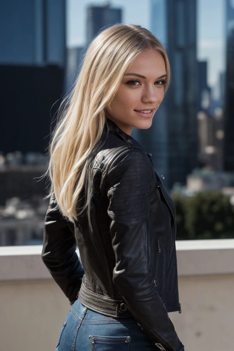 photo of S010_AlexGrey_v2, a gorgeous woman, (cityscape:1.2), wearing a (leather-jacket:1.2) and (jeans), (smiling), (8k, RAW photo, best quality, depth of field, ultra high res:1.2), (absurdres, intricate, photorealistic, masterpiece, ultra-detailed:1.3)