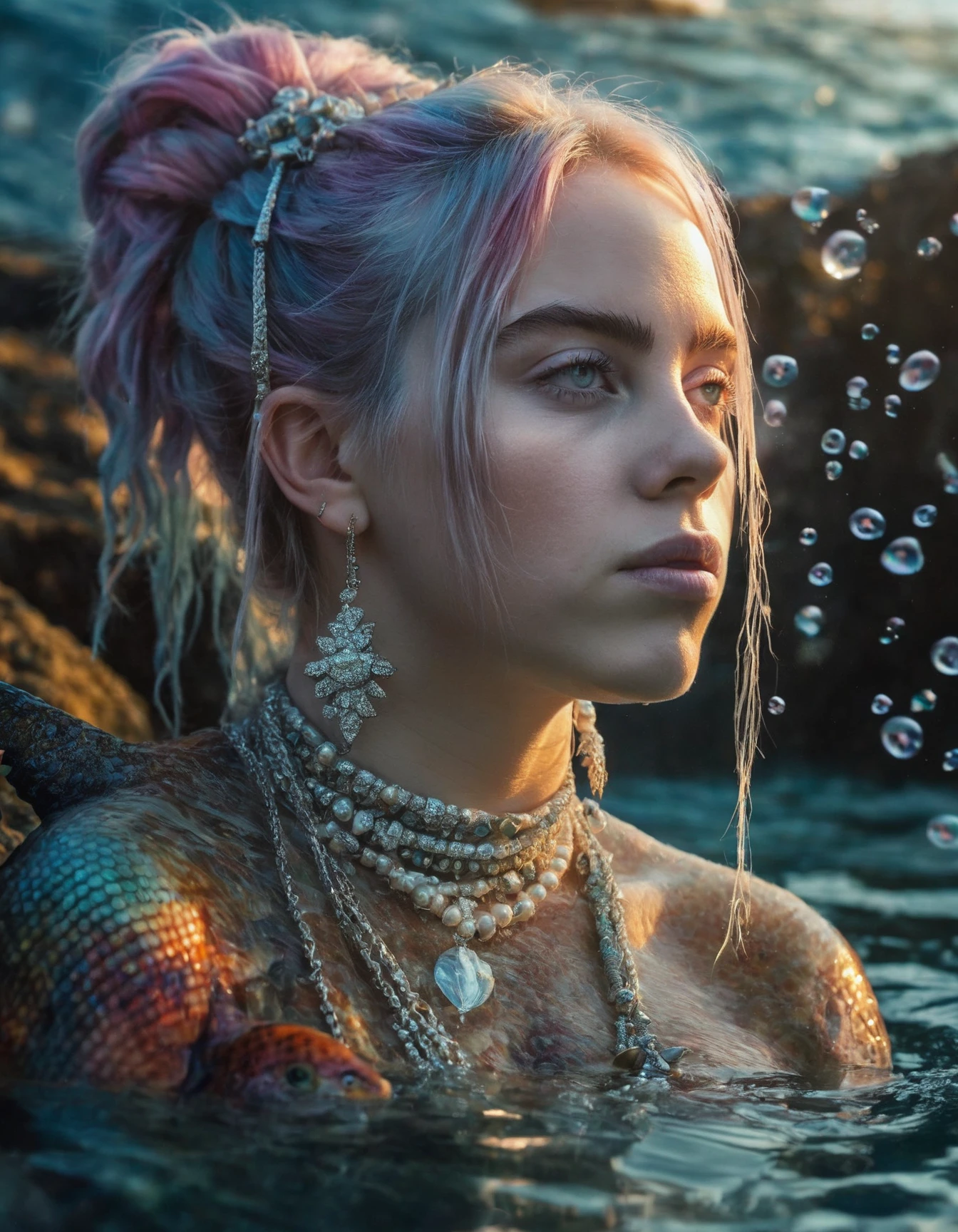 (ohwx woman) <lora:Billie_lora_sdxl_v4-000008:1> portrait, fantasy, mermaid, hyperrealistic, game character, underwater, highly detailed, sharp focus, cinematic lighting, pearls, glowing hair, shells, gills, crown, water, highlights, starfish, jewelry, realistic, digital art, pastel, magic, fiction, ocean, king, colorful hair, sparkly eyes, fish, heroic, goddess, waves, bubbles, queen
