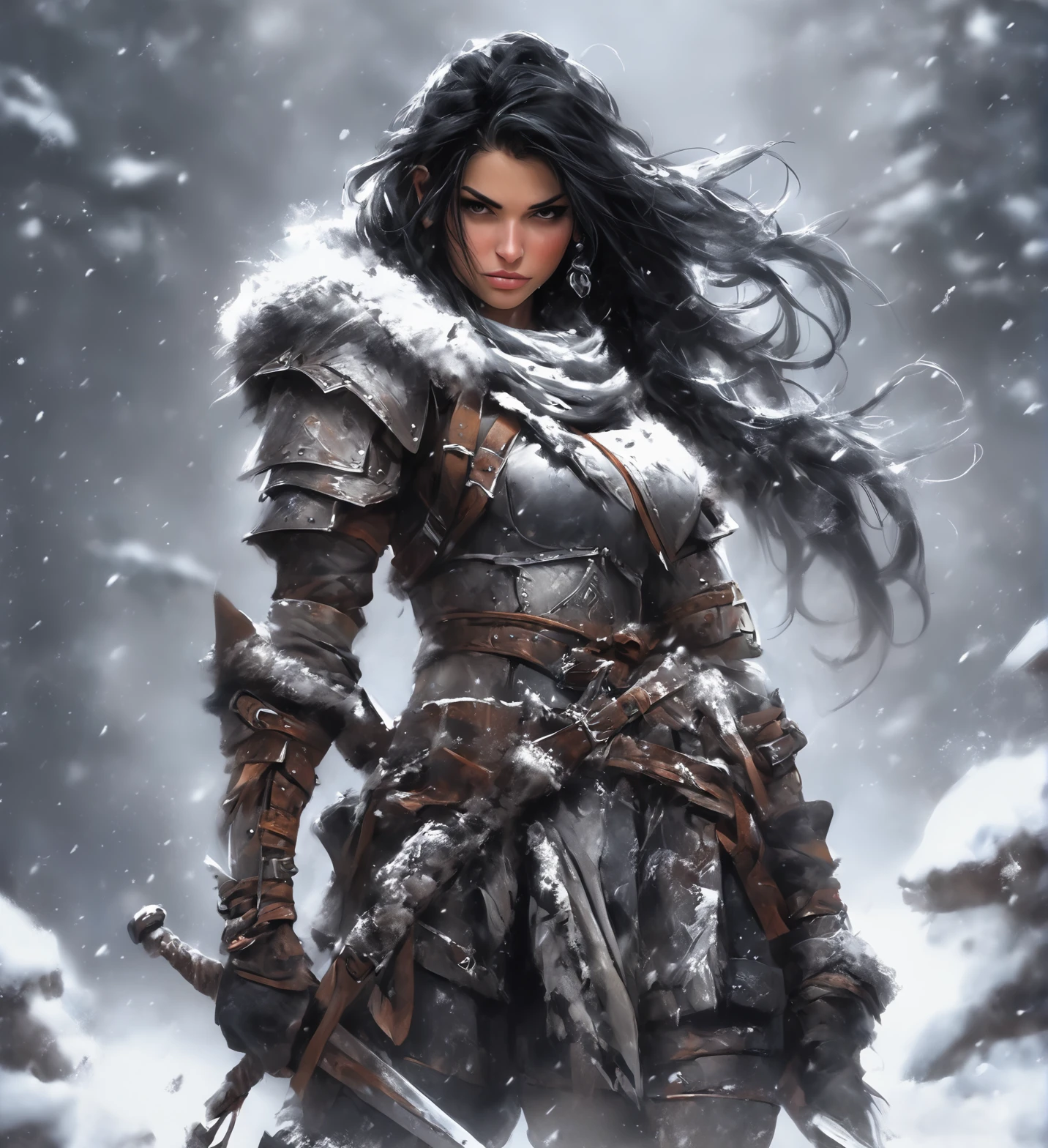 1girl, long hair, solo, armor, snowing, weapon, tattoo, holding, shoulder armor, belt, black hair, midriff, navel, snow, piercing, holding weapon, pauldrons, earrings, looking at viewer, jewelry, sword, torn clothes, crop top, gloves, breastplate, ear piercing, closed mouth, wind, outdoors, cowboy shot, realistic