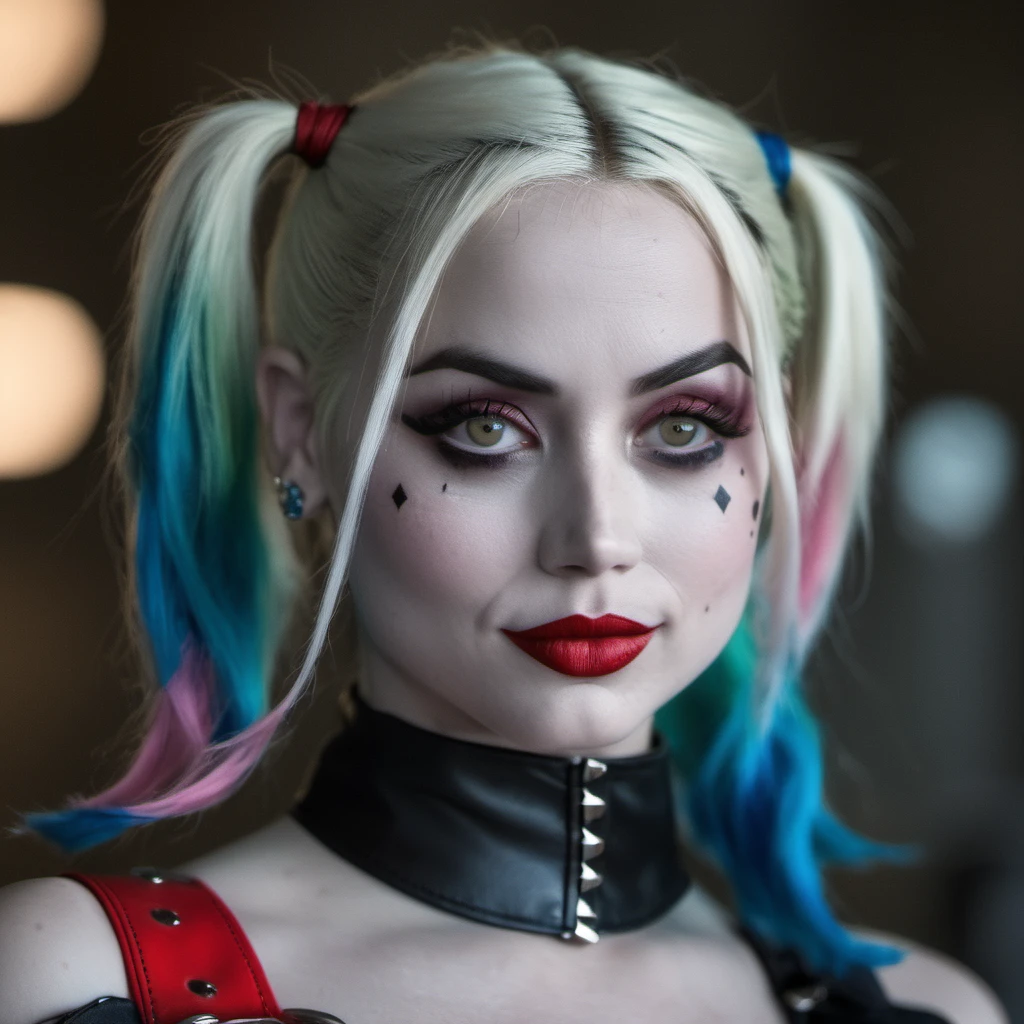 Portrait photo of an actress dressed as Harley Quinn, Nikon Z9, realistic matte skin, skin texture visible, (sharp focus), (high quality)