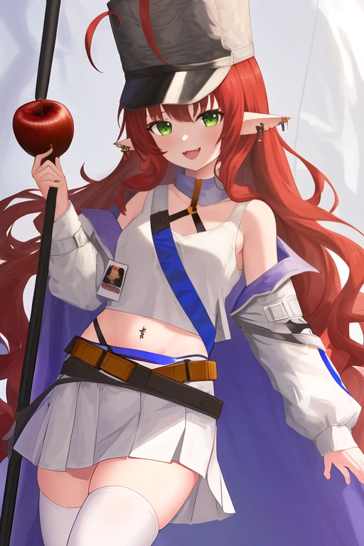 masterpiece, best quality, highres, solo, {myrtle_arknights:1.10}, long_hair, pointy_ears, bangs, red_hair, ahoge, green_eyes, smile, holding, open_mouth, flag, parted_bangs, fruit, food, apple, navel, brown_hair, ear_piercing, very_long_hair, 1girl, hat, long_sleeves, official_alternate_costume, skirt, white_headwear, white_shirt, white_skirt, holding_flag, sash, shirt, looking_at_viewer, thighhighs, blue_sash, cape, shako_cap, white_footwear, grey_thighhighs