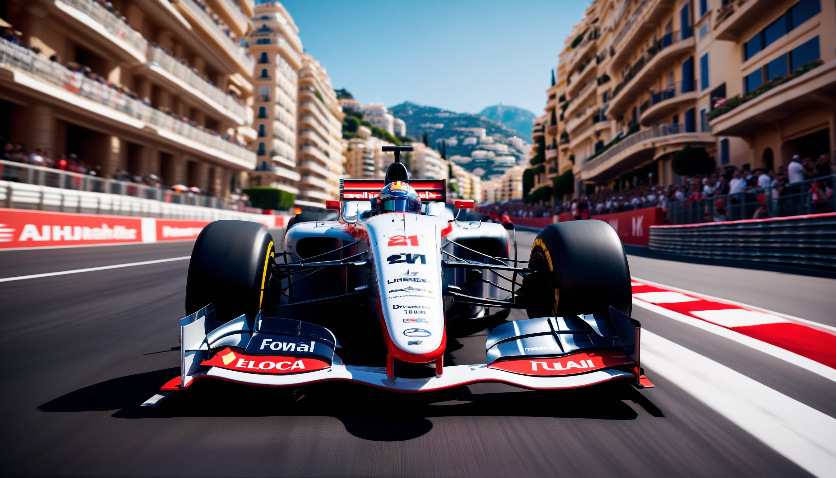 Product photograph of a classic formula 1 racecar racing at Monaco street circuit, masterpiece, best quality, dslr, 8k, 4k, ultrarealistic, realistic, raytracing, subsurface scattering, (cyberpunk city), sitting, (close-up:1.3), hyperreal, photoreal, realistic, raw photo, detailed, ultra-detailed, intricate, volumetric lighting, harbour, high-rise