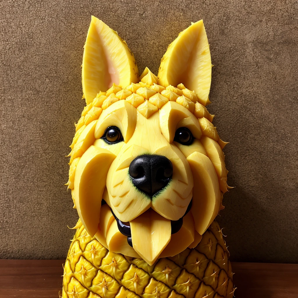 (dog head realistically shaped with hanging ears teeth shaped like labradorian made from pineapple), hyperrealistic detailed food carving, realistic, photo, food photography, 8k, masterpiece, ((pineapple carving)), pineapple skin, yellow pineapple flesh fruit inside carving, food art, pineapple leafs, carved flowers from pineapple inside, precise delicate baroque patterns on the surface