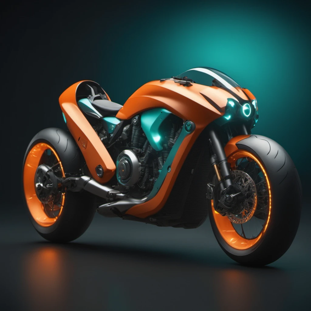 cinematic photo bike, concept futuristic design , orange and teal color paint,  <lora:BikeMaker-SDXL:1.3>,  design pattern on tires,side view, dark studio . 35mm photograph, film, bokeh, professional, 4k, highly detailed