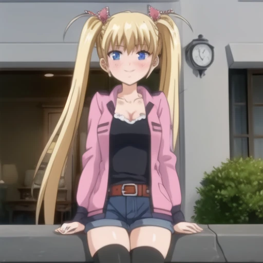 (masterpiece, best quality:1.2),illustration,8k,hd,1girl,solo,long_hair,blush,smile,blue_eyes,blonde_hair,ribbon,twintails,hair_ribbon,ahoge,collarbone,very_long_hair,long_sleeves,pink jacket,polka_dot,camisole,denim_shorts,red_belt,striped_thighhighs,medium_breasts,<lora:Akitsuki Airi-V1:1>,