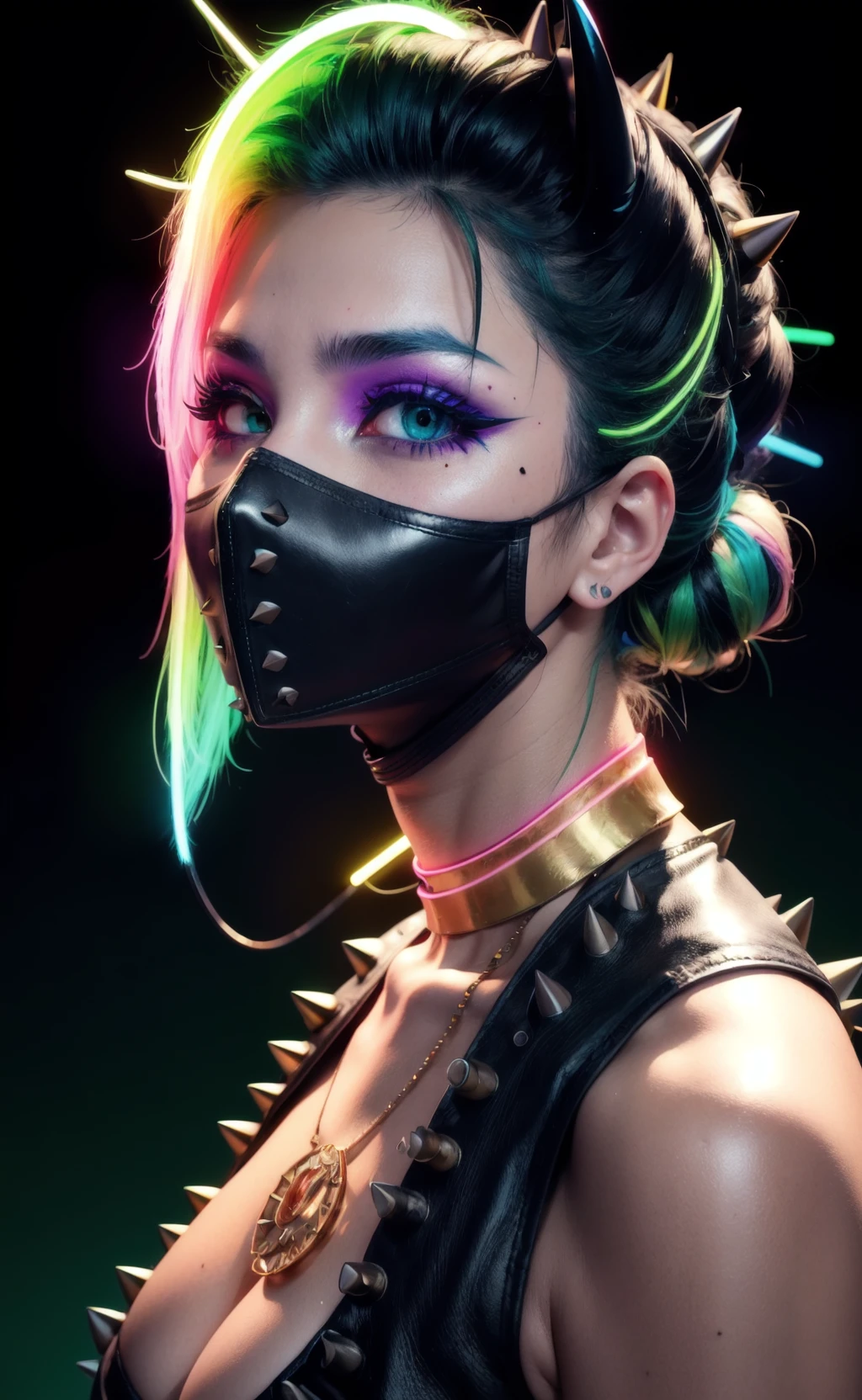 (background RGB (neon:1.2) color:1.1),(background colorful:1.3), (masterpiece, high quality, intricate details:1.2), motion shot, a busty woman, whore expression, heavy breathing, the big natural tits, (beauty mark:1.15), eyeliner, (mascara), (black AND gold mask:1.15), leather collar, (spikes:1.2), colorful | Bright Green hair, glowing blue eyes, blush, high detailed skin texture, low key, dark shot, cinematic light, cinematic shadows, bokeh, realistic, (nsfw), (moles:0.9), amulet, double bun