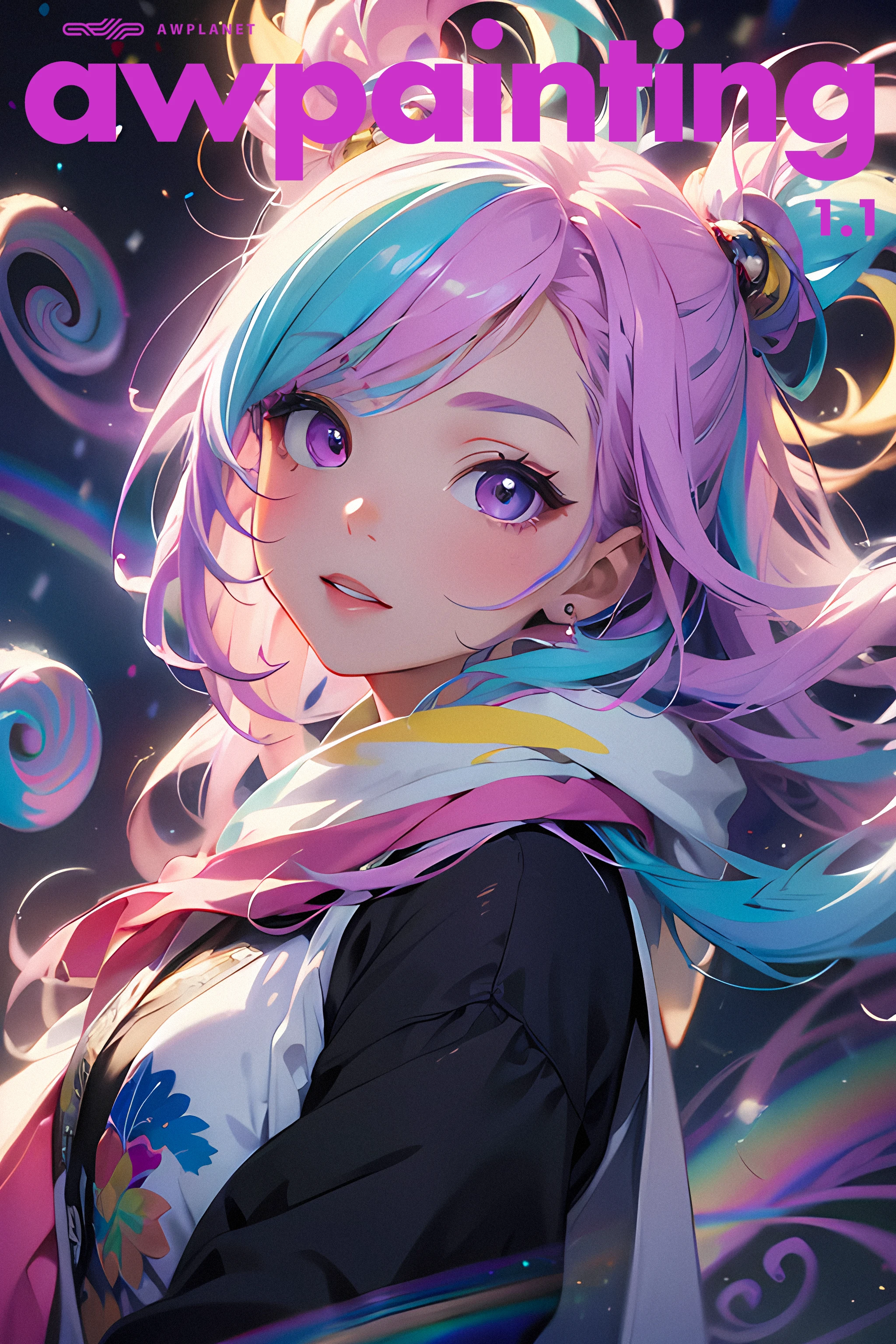 masterpiece, best quality, 1girl, rainbow and purple swirling vortexes colourful cloudy and smoke and colorful background, (snowing) (( swirling vortexes colourful hair)), wear white fur coat, ((long Hair)), ((front)), emotional face, close up, studio light, studio, (((makeup portrait, pink eye shadow))), ((with many purple rainbow swirling vortexes colourful snow and feather on face))