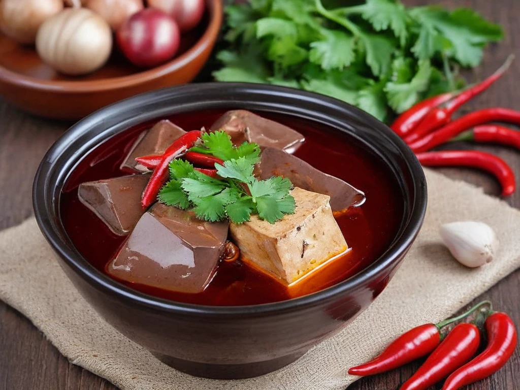 A high-resolution, hyper-realistic image of a bowl of maradofu, a unique delicacy in Taiwanese cuisine. The dish features cubes of duck blood and tofu, cooked in a savory broth and garnished with fresh herbs. The duck blood has a rich, dark color and a smooth, jelly-like texture, while the tofu is soft and creamy. The dish is served in a traditional ceramic bowl, placed on a rustic wooden table. The scene is set in a cozy Taiwanese kitchen, with all elements in sharp focus, creating a clear and detailed image. The lighting should be warm and inviting, highlighting the appetizing qualities of the maradofu and the homely atmosphere of the setting, <lora:maratofu:0.7>