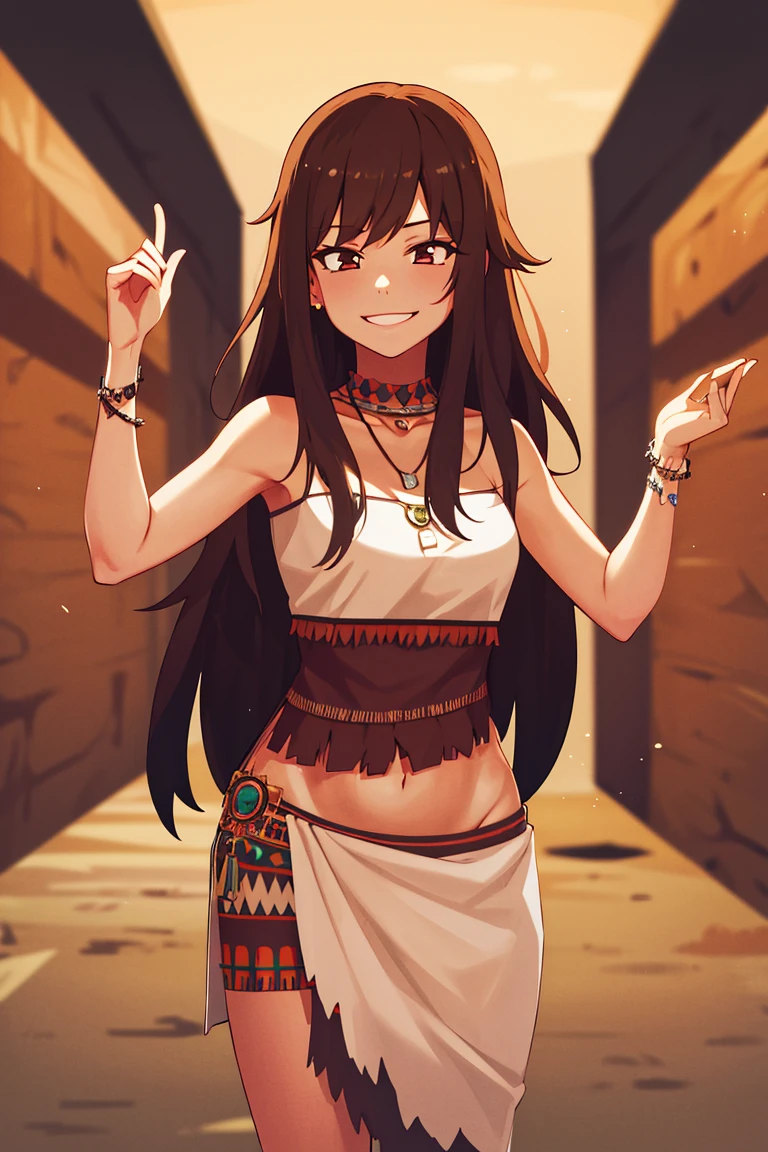 ((masterpiece,best quality)), absurdres,
<lora:Savage_Design:0.9>, Savage_Design, 1girl, bone necklace, tribal, brown hair,
solo, smiling, looking at viewer, cowboy shot,
cinematic composition, dynamic pose,